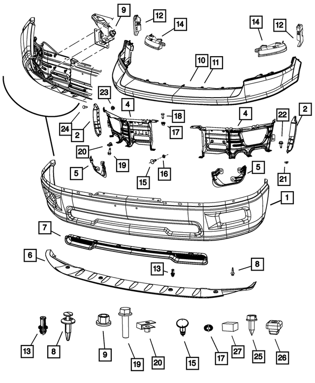 68206066AA - Frame, Bumper and Fascia: Front Bumper for Mopar Image image