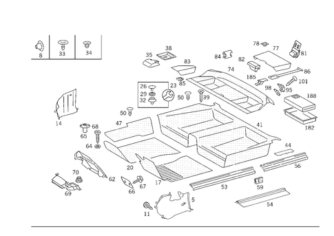 Front Panel Pillar Panelling, Lining on Floor, Hat Tray and First Aid Box for 1988 Mercedes-Benz 260E #1