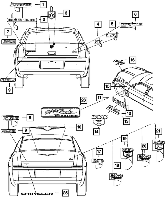 4806013AA - Exterior Ornamentation: Medallion Nameplate for Chrysler: 300, Town &amp; Country | Dodge: Charger, Grand Caravan, Magnum Image