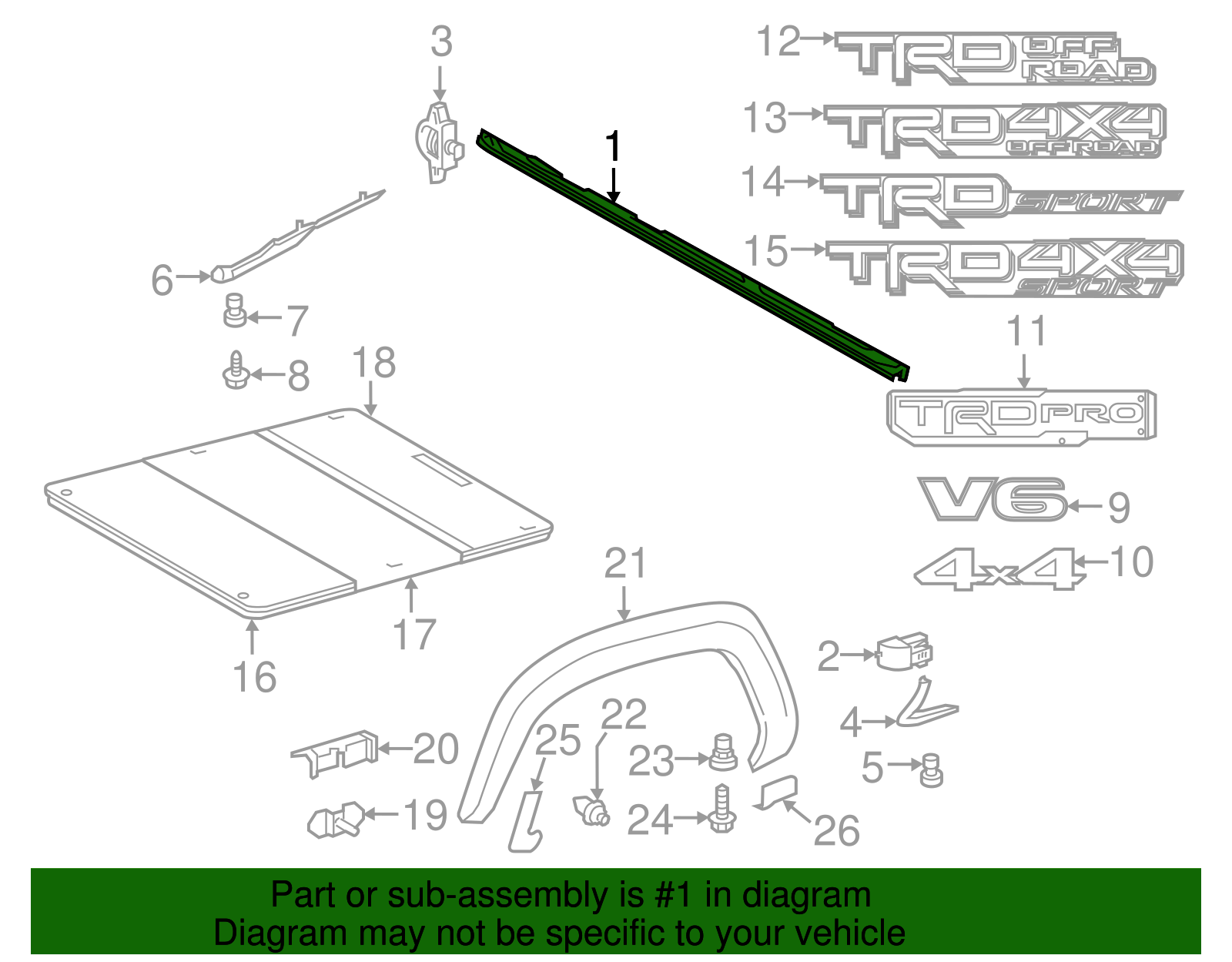 2016-2023 Toyota Tacoma Truck Bed Side Rail (Right, Rear