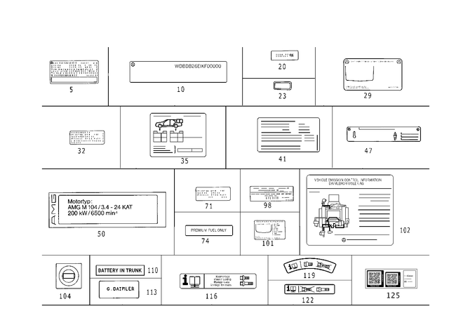 1295840401 - Tools An Accessories: Identification Plate for Mercedes-Benz: 190E, 300CE, 300E, 300SD, 300SE, 300SEL, 300TE, 400E, 400SE, 400SEL, 500E, 500SEC, 500SEL, 500SL, 560SEC, 560SEL, 600SEL, 600SL, C220, C230, C280, C43 AMG, S420 Image image