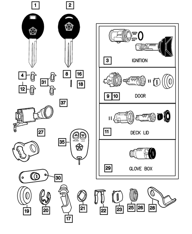 4778448 - Wiper/Lock Cylinder and Keys: Glove Box Lock Cylinder for Mopar Image