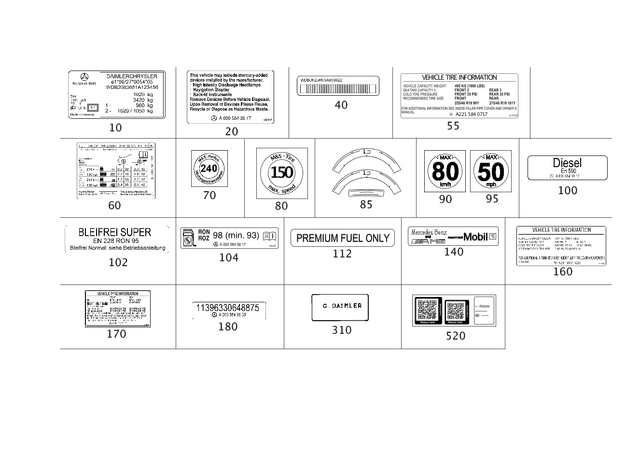 58179720 - Tools and Accessories: Information Label for Mercedes-Benz: 250, 300S, B Electric Drive, B250e, C250, C300, C350, C63 AMG, CL550, CL600, CL63 AMG, CL65 AMG, CLA250, CLK320, CLK350, CLK500, CLK55 AMG, CLK550, CLK63 AMG, CLS500, CLS55 AMG, CLS550, CLS63 AMG, CLS63 AMG S, E320, E350, E500, E55 AMG, E550, E63 AMG, G55 AMG, G550, G63 AMG, GL320, GL350, GL450, GL550, GL63 AMG, GLE300d, GLE350, GLE400, GLE63 AMG, GLK250, GLK350, GLS350d, GLS550, ML250, ML320, ML350, ML400, ML450, ML500, ML550, ML63 AMG, R320, R350, R500, S350, S400, S500, S550, S600, S63 AMG, SL500, SL55 AMG, SL550, SL600, SL63 AMG, SL65 AMG, SLK250, SLK280, SLK300, SLK350, SLK55 AMG, SLS AMG Image image
