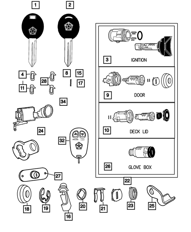4717288 - Wiper/Lock Cylinder and Keys: Front Door Cylinder Lever for Mopar Image