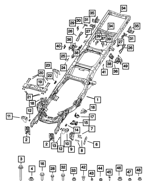 68690849AA - Frame, Bumper and Fascia: Chassis Frame Assembly for Mopar Image
