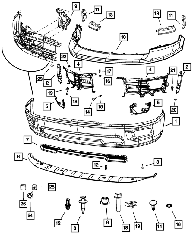68206066AA - Frame, Bumper and Fascia: Front Bumper for Mopar Image