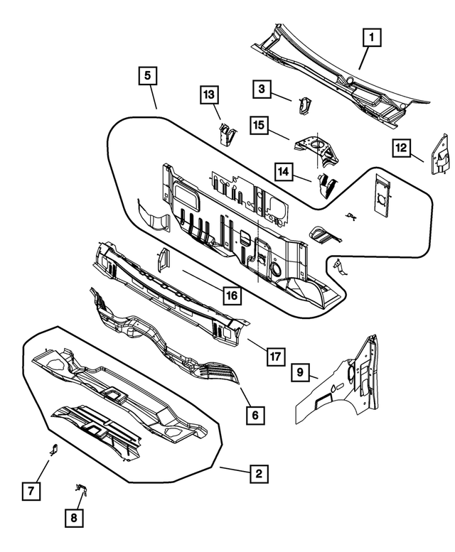 5109354AB - Body Sheet Metal Except Doors: Cowl Plenum To Cowl Side Brace, Right for Mopar Image