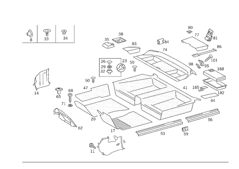 Front Panel Pillar Panelling, Lining on Floor, Hat Tray and First Aid Box for 1993 Mercedes-Benz 400E #1