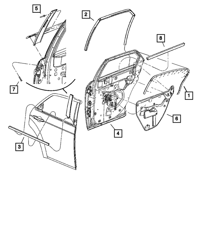 5065165AI - Doors, Door Mirrors and Related Parts: Rear Door Mounted Weatherstrip, Left for Mopar Image