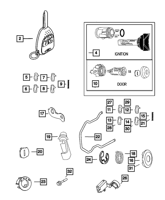 5010882AA - Wiper/Lock Cylinder and Keys: Ignition Number 4 Tumbler for Chrysler: 300, 300M, Concorde, Pacifica, PT Cruiser, Sebring, Town &amp; Country, Voyager | Dodge: Caravan, Dakota, Durango, Grand Caravan, Intrepid, Magnum, Neon, Ram 1500, Ram 2500, Ram 3500, Stratus, Viper | Jeep: Cherokee, Grand Cherokee, Liberty, Wrangler Image