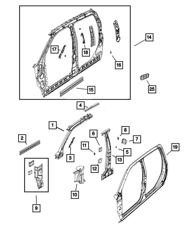 55372468AA - Body Sheet Metal Except Doors: Roof Rail Reinforcement, Right for Mopar Image
