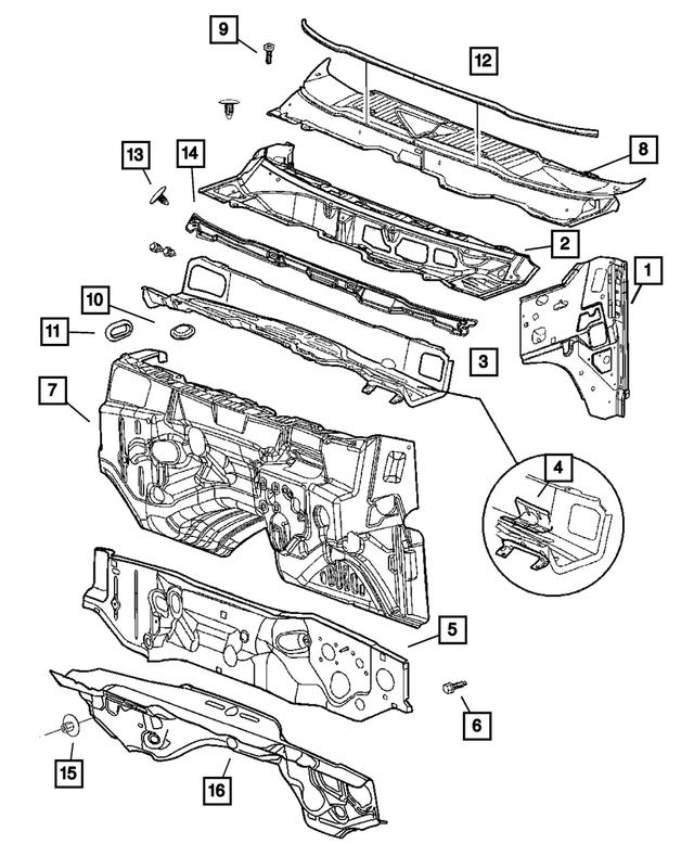 55275678AB - Body Sheet Metal Except Doors: Cowl Side Panel, Right for Mopar Image image