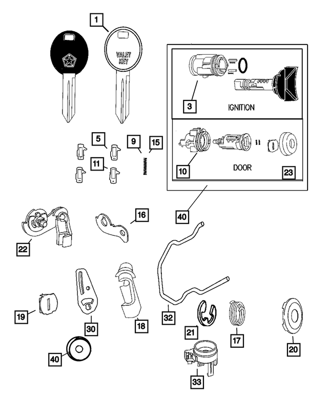 « 5080929AA – Wiper/Lock Cylinder and Keys : Barillet De Porte Avant Levier, Côtés Droit &amp; Gauche pour Mopar Image »