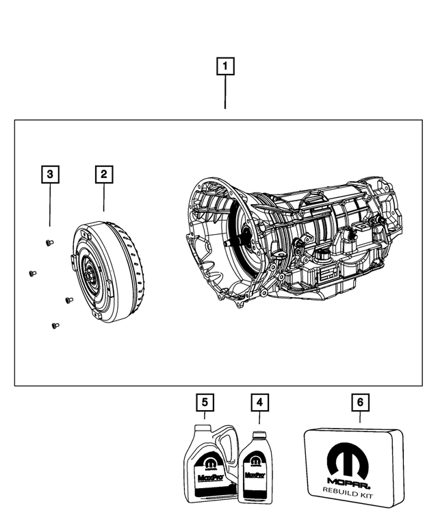 R8143198AC - 65RFE; 6-Speed; Automatic Transmission: With Torque Converter Transmission Kit, Remanufactured for Mopar Image image