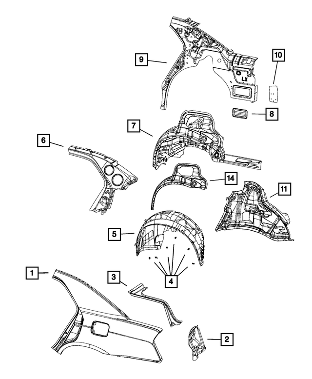 68037670AC - Body Sheet Metal Except Doors: Wheelhouse Outer Panel, Right for Mopar Image