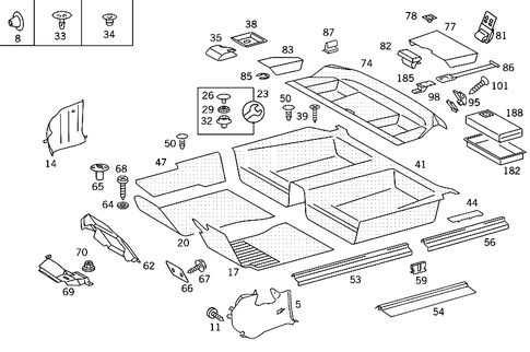 Front Panel Pillar Panelling, Lining on Floor, Hat Tray and First Aid Box for 1988 Mercedes-Benz 260E #0