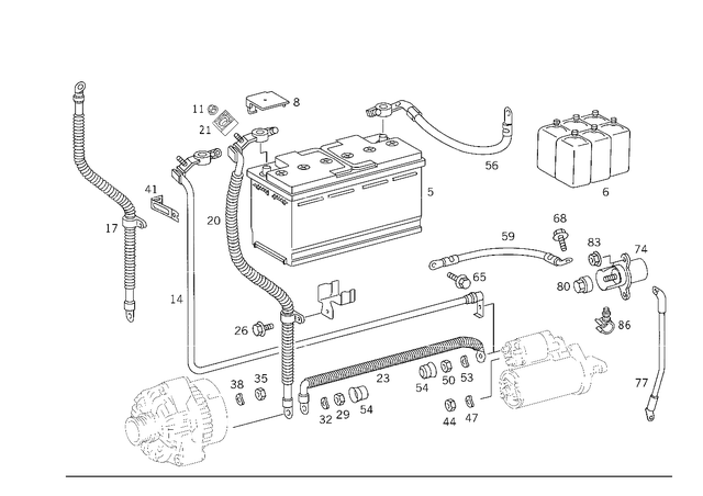 55412501 - Electrical Equipment and Instruments: Battery for Mercedes-Benz: 190, 190D, 190E, 200, 200D, 220D, 230, 240D, 260E, 280, 280E, 300CE, 300D, 300E, 300SD, 300SL, 300TD, 300TE, 400E, 400SE, 400SEL, 450SEL, 500E, 500SEC, 500SEL, 500SL, 560SEC, 560SEL, 560SL, 600SEL, 600SL, C220, C230, C280, C43 AMG, CLK430, CLS500, CLS55 AMG, E420, E430, ML320, ML430, ML55 AMG, S420, S430, S55 AMG, SL320, Sprinter 2500, Sprinter 3500 Image image