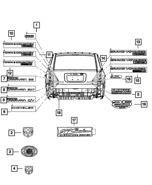 4806013AA - Exterior Ornamentation: Medallion Nameplate for Chrysler: 300, Town &amp; Country | Dodge: Charger, Grand Caravan, Magnum Image