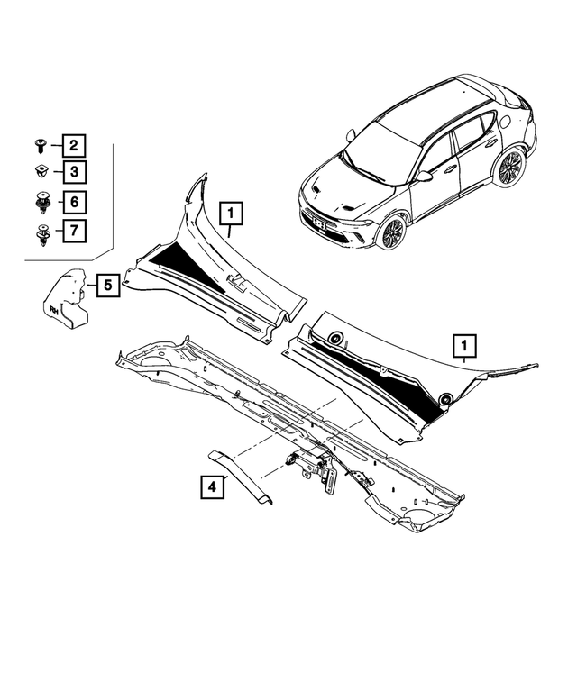7RX12LXHAA - Body Sheet Metal Except Doors: Cowl Panel Grille, Right for Mopar Image