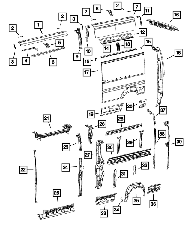 68118827AA - Body Sheet Metal Except Doors: Roof Rail Reinforcement for Ram: ProMaster 1500, ProMaster 2500, ProMaster 3500, ProMaster EV Image