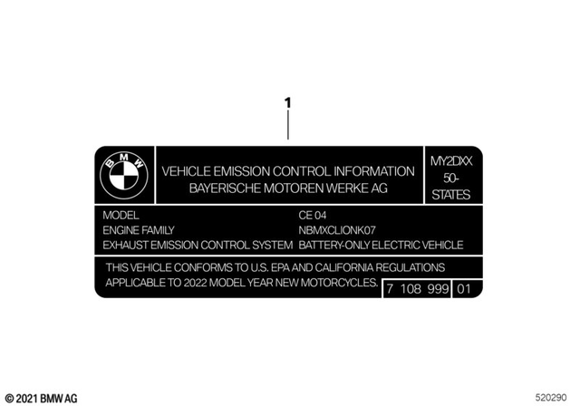 71227108999 - Parts and Accessories for Engine / Chassis: Label "Emission Control Information" - Usa/canada for BMW-Motorrad Image