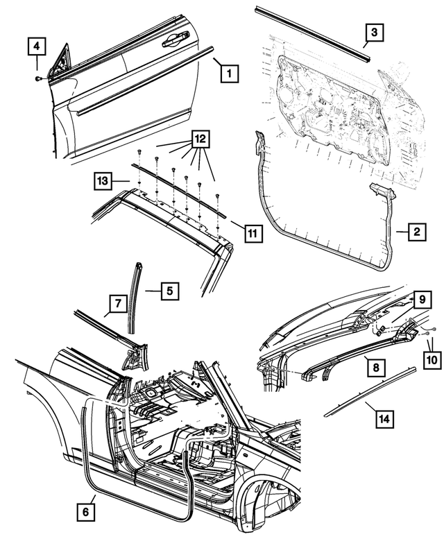 5303654AC - Doors, Door Mirrors and Related Parts: Front Door Belt Weatherstrip, Right for Mopar Image