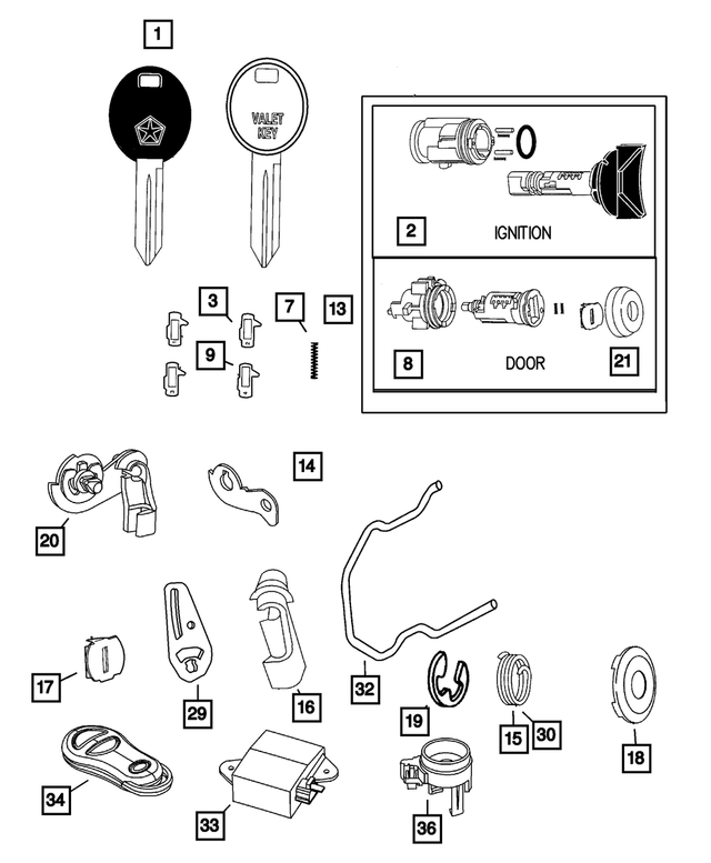 4778149 - Wiper/Lock Cylinder and Keys: Door Lock Cylinder Cap for Chrysler: 300M, Aspen, Concorde, Sebring, Town &amp; Country, Voyager | Dodge: Caravan, Dakota, Durango, Grand Caravan, Intrepid, Neon, Ram 1500, Ram 2500, Ram 3500, Stratus, Viper | Jeep: Grand Cherokee, Liberty | Ram: Dakota Image