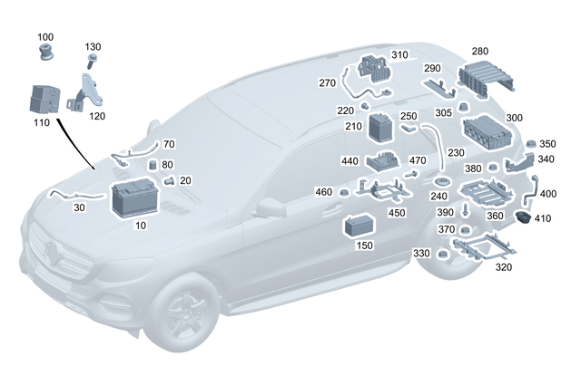 9825010 - Electrical Equipment and Instruments: Electrical System Battery for Mercedes-Benz: A220, C350e, C400, C450 AMG, C63 AMG, EQE 350, EQE 350 SUV, EQE 350+, EQE 350+ SUV, EQE 500, EQE 500 SUV, EQE AMG, EQE AMG SUV, GLA250, GLA35 AMG, GLB250, GLB35 AMG Image image