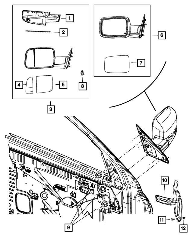 68545766AA - Doors, Door Mirrors and Related Parts: Outside Rearview Mirror, Right for Ram: 1500 Classic Image