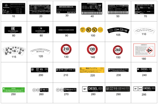8174404 - Tools and Accessories: Identification Plate for Mercedes-Benz: 180A, 180b, 220a, 300C, 300CD, 350SD, A220, AMG GT 43, AMG GT 53, AMG GT 55, AMG GT 63, AMG GT 63 Pro, AMG GT 63 S, AMG GT 63 S E Performance, C300, C350e, C400, C43 AMG, C450 AMG, C63 AMG, C63 AMG S, C63 AMG S E Performance, CLA250, CLA35 AMG, CLA45 AMG, CLA45 AMG S, CLE300, CLE450, CLE53 AMG, CLS450, CLS53 AMG, E300, E350, E400, E43 AMG, E450, E53 AMG, E63 AMG S, EQB 250+, EQB 300, EQB 350, EQE 350, EQE 350 SUV, EQE 350+, EQE 350+ SUV, EQE 500, EQE 500 SUV, EQE AMG, EQE AMG SUV, EQS 450, EQS 450 SUV, EQS 450+, EQS 450+ SUV, EQS 580, EQS 580 SUV, EQS AMG, GLA250, GLA35 AMG, GLA45 AMG, GLB250, GLB35 AMG, GLC300, GLC350e, GLC43 AMG, GLC63 AMG, GLC63 AMG S, GLC63 AMG S E Performance, GLE350, GLE450, GLE450e, GLE53 AMG, GLE580, GLE63 AMG S, GLS450, GLS580, GLS63 AMG, Maybach EQS 680 SUV, Maybach GLS600, Maybach S550, Maybach S560, Maybach S580, Maybach S600, Maybach S650, Maybach S680, S450, S500, S550, S550e, S560, S580, S580e, S600, S63 AMG, S63 AMG E Performance, S65 AMG, SL400, SL43 AMG, SL450, SL55 AMG, SL550, SL63 AMG, SL63 AMG S E Performance, SL65 AMG, SLC300, SLC43 AMG, SLK250, SLK300, SLK350, SLK55 AMG Image image