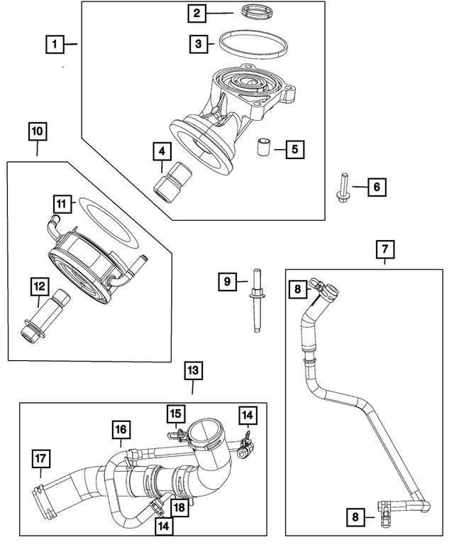 4893345AA - Engine: Engine Oil Cooler Connector for Dodge: Durango | Jeep: Wagoneer, Wrangler | Ram: 1500, 1500 Classic Image