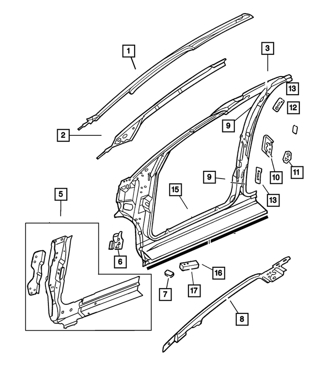 4860567AA - Body Sheet Metal Except Doors: A Pillar Molding, Left for Mopar Image