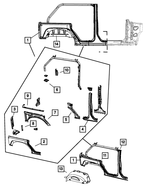 68002324AI - Body Sheet Metal Except Doors: Body Side Aperture Rear Panel Kit, Right for Mopar Image