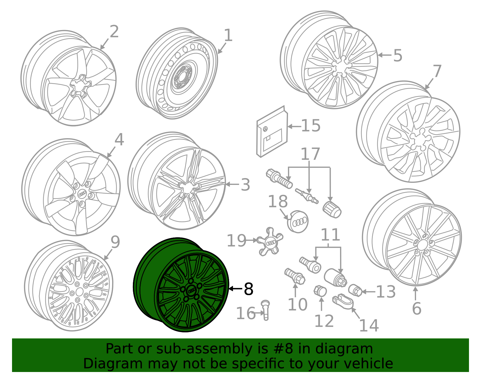 2008-2017 Audi 19in 15-Spoke Alloy Wheel, Bright Aluminum 8T0-071
